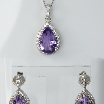 Sterling Silver/Amethyst/CZ Teardrop Earrings and Pendant Set